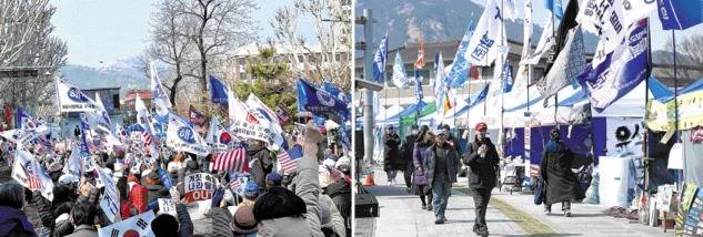 ▲20일 서울 종로구 헌법재판소 인근에서 윤석열 대통령 탄핵심판 각하·기각을 촉구하는 집회가 진행되고 있다.(왼쪽 사진) 같은 날 광화문 광장 인근에 윤 대통령 파면 및 탄핵심판 인용을 촉구하는 집회 농성 천막이 줄지어 설치돼 있다.
