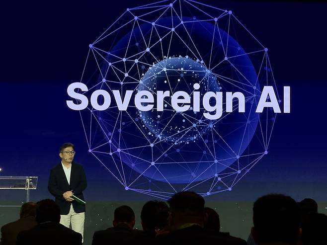 Naver Cloud CEO Kim Yu-won announces a partnership with Nvidia at Nvidia's GTC 2025 event held in San Jose, California. [NAVER CLOUD]