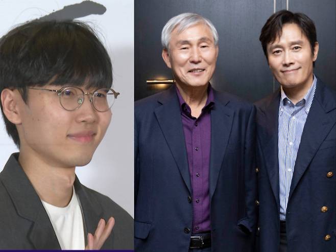 영화 '승부'의 시사회에 참석한 신진서 9단(사진 맨 왼쪽)과  조훈현 9단(사진 가운데), 배우 이병헌. (주)바이포엠스튜디오 제공