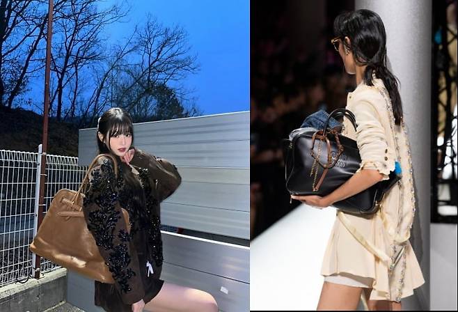 아이브 장원영이 빅 백을 맨 모습(왼쪽)과 명품 브랜드 미우미우의 오버스터프백. 사진=SNS 캡처