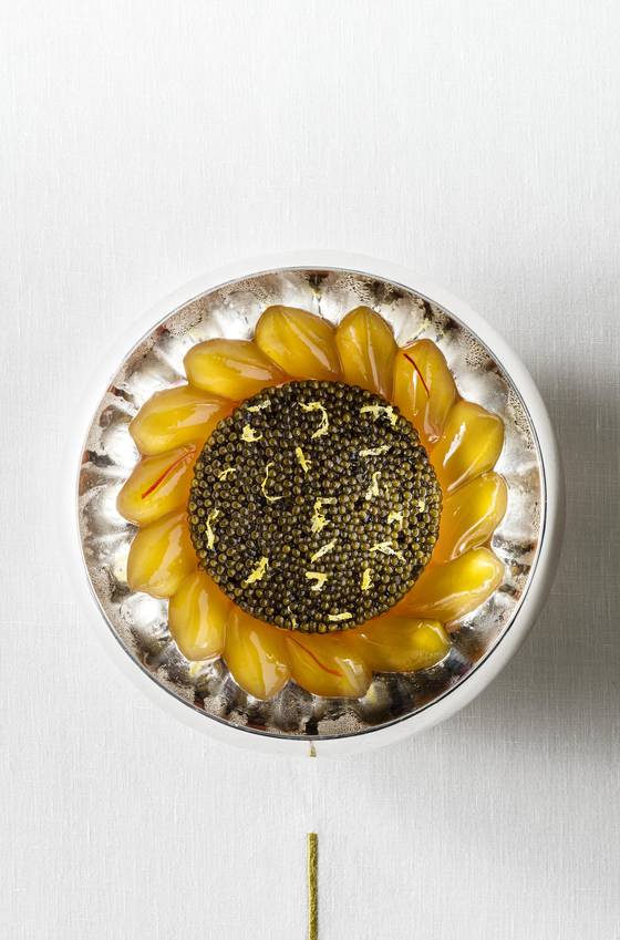 Mediterranean gamberoni, delicate gelee and gold caviar served at the two-star Michelin restaurant Alain Ducasse in Macau [MELCO RESORTS AND ENTERTAINMENT]