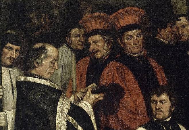 귀스타브 쿠르베, 오르낭의 매장(일부 확대), 1849~1850, 캔버스에 유채, 315x668cm, 오르세 미술관