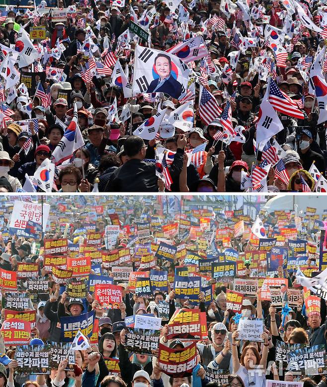 [서울=뉴시스] 이영환 기자 = 22일 오후 서울 중구 세종대로에서 윤석열 대통령 탄핵 반대 집회(왼쪽사진), 종로구 광화문 동십자각 일대에서 윤석열 대통령 탄핵 촉구 집회가 각각 열리고 있다. 2025.03.22. 20hwan@newsis.com
