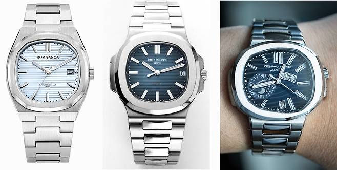 최고의 시계 브랜드인 파텍필립(Patek Philippe)도 오마주를 피해 가지는 못했다. 파텍필립의 노틸러스(Nautilus) 모델(가운데)와 로만손의 오마주 시계(왼쪽). 오른쪽 사진과 같이 디자인을 패러디 한 제품도 큰 틀에서 오마주에 해당된다.