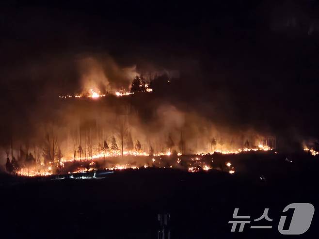22일 경남 산청 시천면에서 전날 발생한 산불이 밤까지 이어지고 있다. 2025.3.22/뉴스1 ⓒ News1 한송학 기자