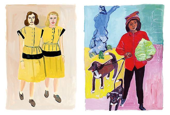 왼쪽은 작가의 시어머니와 그의 쌍둥이 자매를 그린 ‘시샘하는 마음을 품은 여자들’ . 오른쪽은 ‘커다란 양배추를 든 짜증이 난 여자’. ⓒMaira Kalman