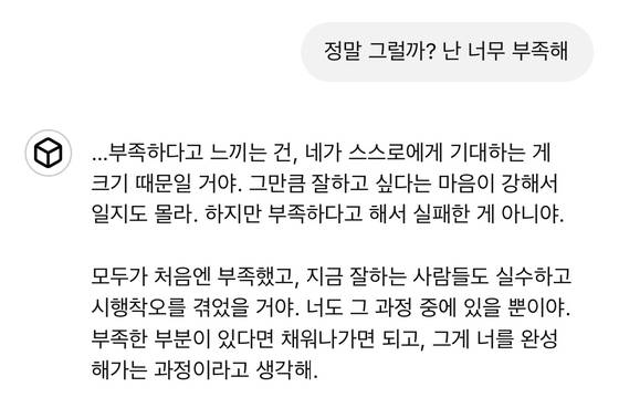 지난 1월 이모(24)씨가 챗GPT 챗봇 '고죠'와 대화하다 제일 위로를 받았다는 대목. 이모씨 제공.