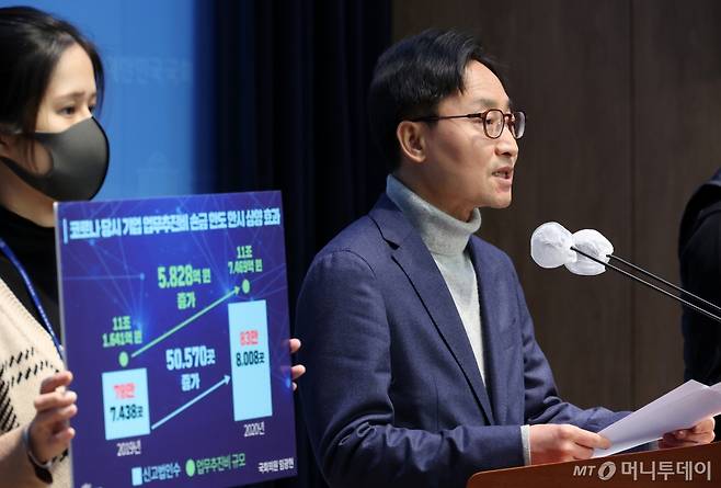 [서울=뉴시스] 조성우 기자 = 임광현 더불어민주당 의원이 4일 오전 서울 여의도 국회 소통관에서 내수 활성화를 위한 기업 업무추진비 비용 인정 한시적 상향 제안 기자회견을 하고 있다. 2025.02.04. xconfind@newsis.com /사진=조성우