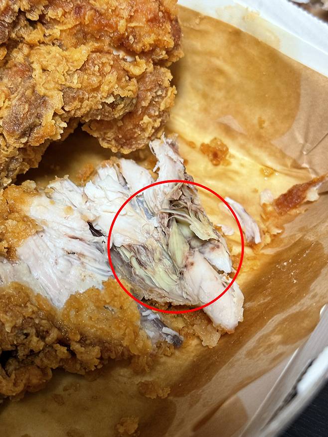닭 가슴 부위 근육에 ​산소가 일시적으로 공급되지 않으면 근육 부위가 녹색으로 변하는 녹근병이 발생할 수 있다./사진=독자 제공