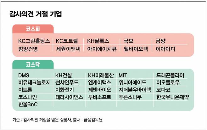 사진은 지난 21일 감사의견 거절 기업. /그래픽=김은옥 기자