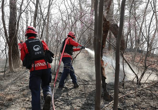 울산시 울주군 온양읍 산불 사흘째인 24일 산림청 산불특수진화대가 진화 작업을 하고 있다.&nbsp; &nbsp; 연합뉴스