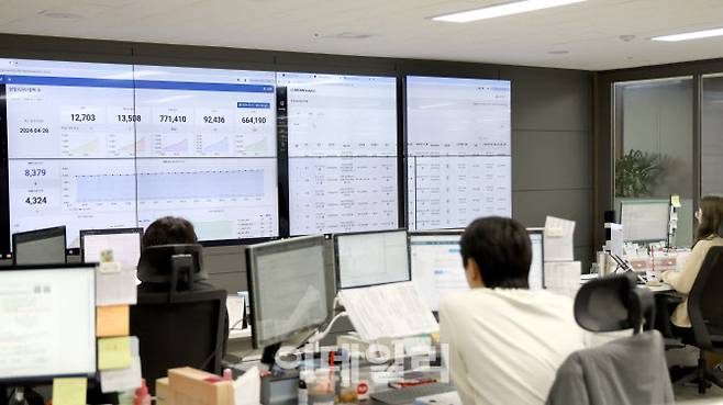 하이엠솔루텍의 종합상황실에서 관제사들이 모니터를 보고 전국 곳곳에 설치된 에어컨 상황을 모니터링하고 있다.(사진=하이엠솔루텍)