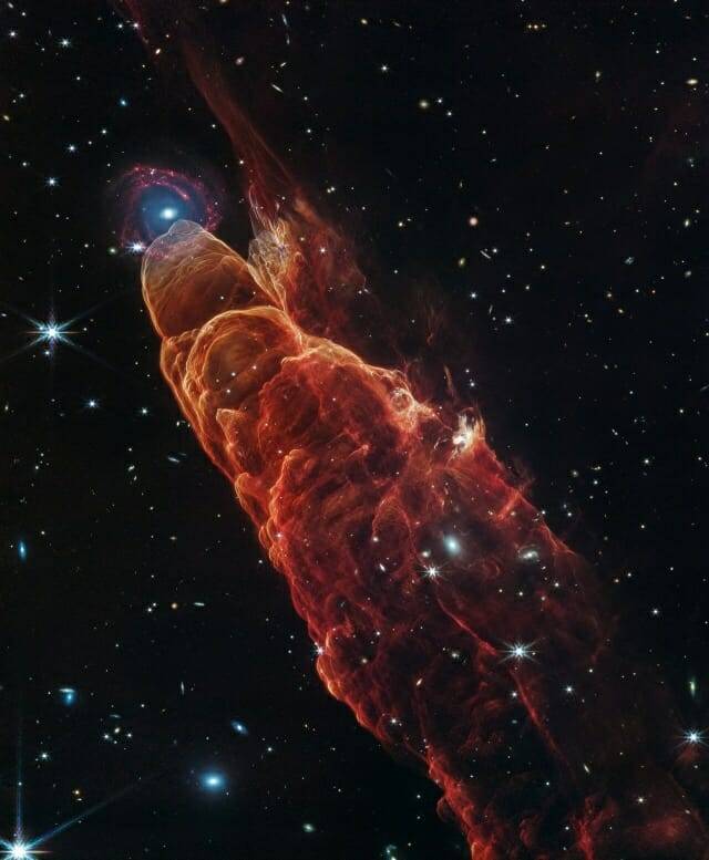 제임스웹 우주 망원경이 우주 토네이도라 불리는 HH 49/50의 모습을 촬영했다. (출처=NASA, ESA, CSA, STScI)