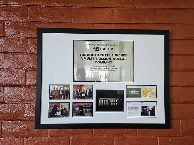 17일(현지시간) 미국 캘리포니아주 새너제이의 한 식당 '데니스'에 붙어있는 엔비디아 기념 동판, 사진 박준이 기자