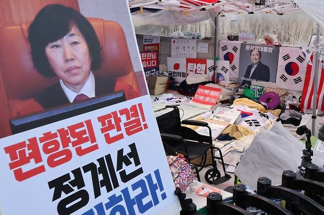 헌법재판소가 윤석열 대통령 탄핵 심판 변론을 종결한 지 한 달이 된 25일 서울 종로구 헌법재판소 앞에서 윤 대통령 지지자가 정계선 재판관을 비판하는 피켓을 들고 있다. /사진=뉴스1