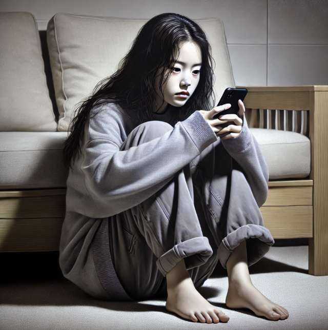 사회적 관계를 단절한 채 집에서 지내는 고립·은둔 청소년의 실태를 파악한 첫 조사가 25일 발표됐다. 집에서 스마트폰을 보는 고립 청소년의 모습을 담은 일러스트. DALL.E 생성