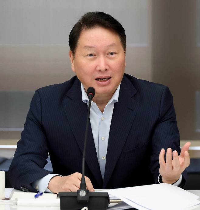 최태원 대한상공회의소 회장(SK그룹 회장)이 지난 25일 서울 중구 상의회관에서 열린 취임 4주년 기자간담회에서 발언하고 있다. (사진=대한상의 제공)