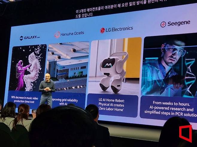 사티아 나델라 마이크로소프트(MS) 최고경영자(CEO)는 26일 서울 서초구 aT타워에서 열린 'MS 인공지능(AI) 투어 인 서울'에 기조연설자로 참석해 국내 기업과의 협력 사례를 소개했다. 사진=박유진 기자