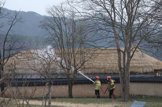 경북 의성군 산불이 나흘째 이어지고 있는 25일 오후 경북 안동시 하회마을에서 관계자들이 화재에 대비해 초가지붕에 물을 뿌리고 있다./뉴스1