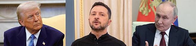 왼쪽부터 도널드 트럼프 미국 대통령, 볼로디미르 젤렌스키 우크라이나 대통령, 블라디미르 푸틴 러시아 대통령. /AFP연합