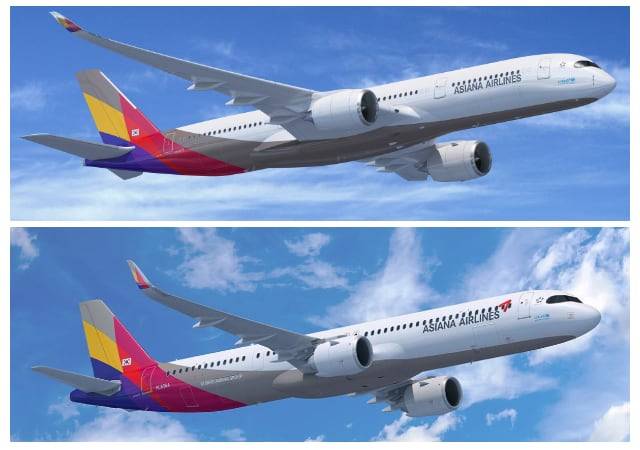 대한항공 자회사가 된 아시아나항공의 항공기(위)와 윙 로고가 존재했던 이전 항공기(아래)./아시아나항공 제공