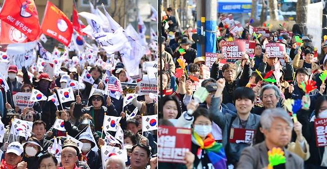 지난 22일 충북도청 앞에서 열린 윤석열 대통령 탄핵기각(왼쪽), 탄핵찬성 집회. *재판매 및 DB 금지
