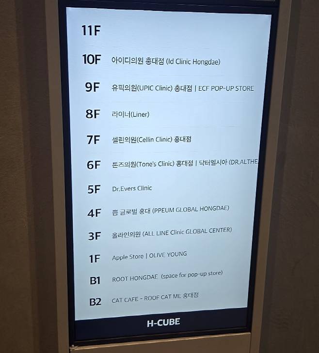 홍대입구 H-CUBE 빌딩은 건물 대부분이 피부과로 채워져 있다.(사진=최정희 이데일리 기자)