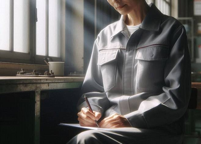 ‘정오가 되자 공장 사람들은 썰물처럼 빠져나갔다. 영희는 자리에서 일어나 기지개를 한 번 켜고 30분 타이머를 맞췄다.’ 영희님이 쓴 글이다. 그의 글은 조금씩 ‘살아 움직이는 구조’를 찾아가고 있다. 생성형 인공지능(AI) ‘달리3’ 기반 코파일럿에 공장에서 글 쓰는 여성을 그려달라는 지시어를 입력해 생성한 이미지.