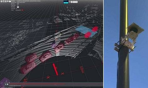 서울 은평구 교통량 감지 실제 화면(왼쪽)과 라이다장치. [뷰런 제공]