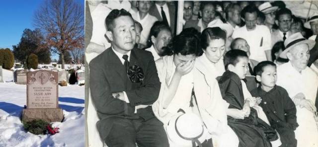 ▲모녀의 길. 왼쪽은 어머니 안미생이 미국에서 살다 묻힌 뉴욕 롱아일랜드의 묘소. 그는 이곳에서 '안(Ahn) 씨'로 살았음을 알 수 있다. 오른쪽은 김인-안미생의 딸 김효자(앞줄 왼쪽에서 두 번째 얼굴 가린 이)가 창덕여고 3학년이던 1960년 4‧19 직후 국내에서 처음 공식 개최된 김구 선생 추모식에 삼촌 김신의 가족들과 함께 참석했다. ⓒ필자 제공