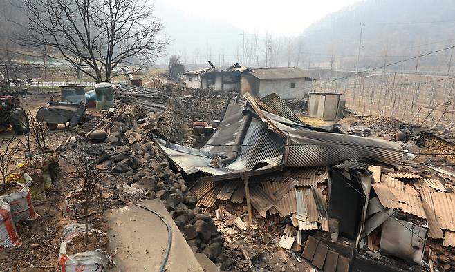 27일 경북 안동시 길안면 마을 곳곳이 산불에 타 폐허로 변한 모습이다. 연합뉴스