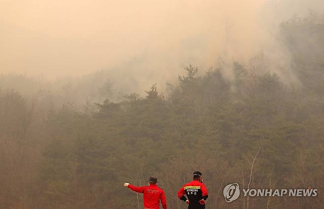 막막함 (안동=연합뉴스) 김도훈 기자 = 26일 경북 안동시 임동면 갈전리 야산이 불에 타며 연기가 피어 오르고 있다. 2025.3.26 superdoo82@yna.co.kr