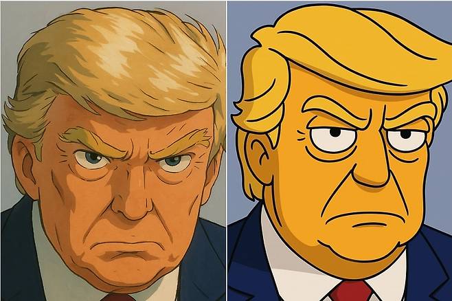 인공지능(AI) 챗봇인 챗GPT-4o를 이용해 2023년 8월 공개된 도널드 트럼프 미국 대통령의 ‘머그샷’을 각각 다른 풍으로 본지가 생성한 모습. 왼쪽은 일본 애니메이션 제작사 스튜디오 지브리 스타일로 만든 이미지고 오른쪽은 미국 애니메이션 ‘심슨 가족‘ 풍으로 제작한 그림이다. /챗GPT-4o