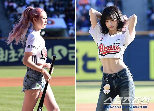 29일 잠실야구장에서 열린 KBO리그 두산과 삼성의 경기. 걸그룹 베이비몬스터가 시구-시타를 했다. 시타하는 라미, 시구하는 아현. 잠실=송정헌 기자songs@sportschosun.com/2025.03.29/