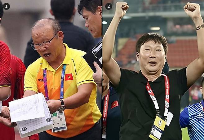 ①2018년 자카르타-팔렘방 아시안게임 남자축구 4강전에서 박항서 감독이 베트남 선수들에게 전술을 지시하고 있다. ②김상식 감독이 태국 방콕에서 열린 미쓰비시 일렉트릭컵에서 우승한 후 기뻐하고 있다. /조선일보 DB·베트남축구협회