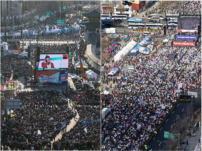 29일 서울 종로구 광화문 일대에서 윤석열 대통령 찬반 집회가 열리고 있다. 왼쪽은 윤석열 즉각 퇴진 사회대개혁 17차 범시민대행진, 오른쪽은 자유통일당 탄핵 반대 집회. 연합뉴스