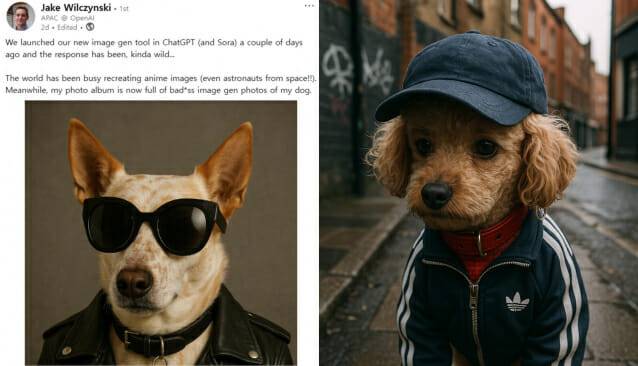 제이크 윌친스키 오픈AI 아태 홍보담당자가 발굴한 이미지 생성기 유즈케이스(왼쪽)와 기자가 따라한 푸들 반려견(오른쪽) 테마 변경 사진 (사진=조이환 기자 제작)