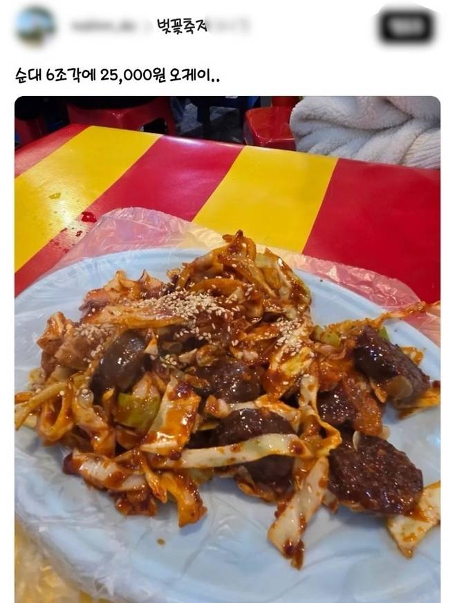 제주 벚꽃축제 노점에서 판매된 순대볶음. 비닐이 깔린 플라스틱 접시에 담긴 6조각 정도 순대볶음에 양배추 등의 야채와 함께 양념이 뿌려져 있다. 상단엔 SNS 캡처 문구로 “순대 6조각에 25,000원 오케이..”라는 문구가 있어 바가지 논란을 직설적으로 드러낸다. (온라인 커뮤니티 캡처)
