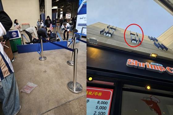 29일 경남 창원시 창원NC파크에서 열린 LG-NC 경기 중 매점 벽에 설치된 구조물이 아래로 떨어지는 사고가 나 관중 3명이 다쳤다. 연합뉴스