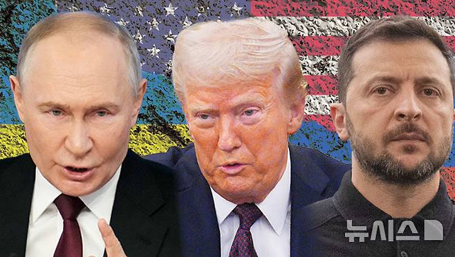 [서울=뉴시스] 왼쪽부터 블라디미르 푸틴 러시아 대통령, 도널드 트럼프 미국 대통령, 볼로디미르 젤렌스키 우크라이나 대통령. 트럼프 대통령은 30일(현지 시간) NBC와 인터뷰에서 푸틴 대통령이 부분 휴전 도출에 실패하면 러시아산 석유에 2차 관세를 부과하겠다고 경고했다. 2025.03.30.