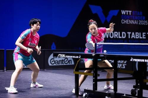 WTT 인도 대회 여자복식에 나선 신유빈(오른쪽)과 유한나 [WTT 페이스북 캡처. 재판매 및 DB 금지]