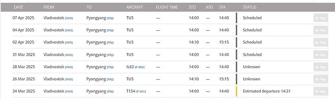 '플라이트레이더24'에 예정된 평양~블라디보스토크 일정표. (플라이트레이더24 갈무리)