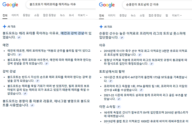 구글 AI 오버뷰 기능을 활용해 검색 결과를 확인한 모습./구글 캡처