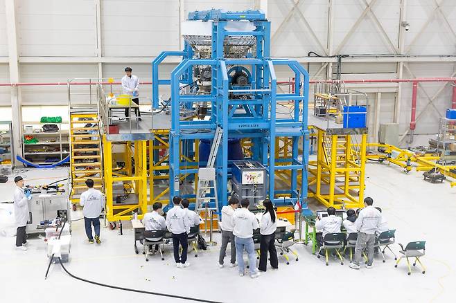 지난 25일 전남 고흥 나로우주센터 발사체종합조립동에서 누리호 4호기의 2단 엔진에 대한 제어성 시험이 진행되고 있다. 한국항공우주연구원과 한화에어로스페이스 엔지니어들이 함께 시험했다./한국항공우주연구원