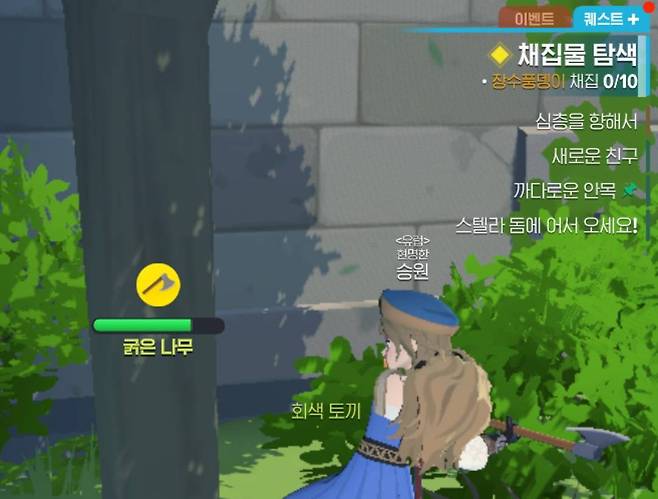 '장수풍뎅이'를 걸어두고 나무를 채집하는 모습. 가지고 있는 가장 희귀한 아이템을 목표로 설정하면 된다