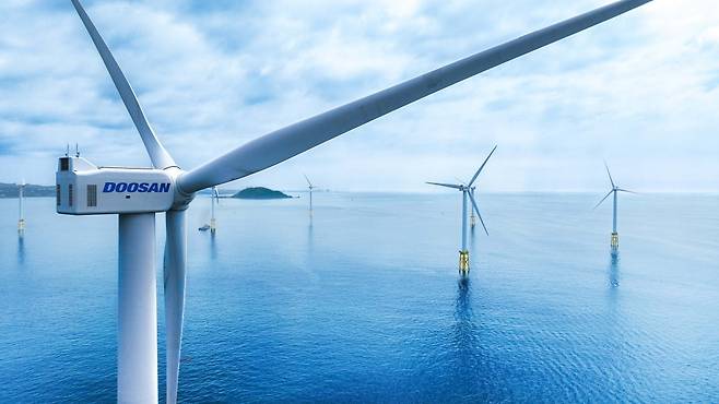 두산에너빌리티가 제주 한림읍 인근 해상에 설치한 5.5MW 해상풍력발전기.  /두산에너빌리티 제공