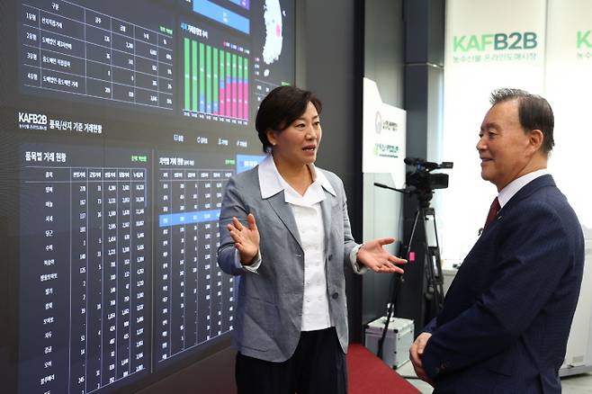 송미령 농림축산식품부 장관(왼쪽)이 홍문표 한국농수산식품유통공사(aT) 사장과 온라인도매시장 거래 상황판을 보며 이야기를 나누고 있다. 사진=농식품부