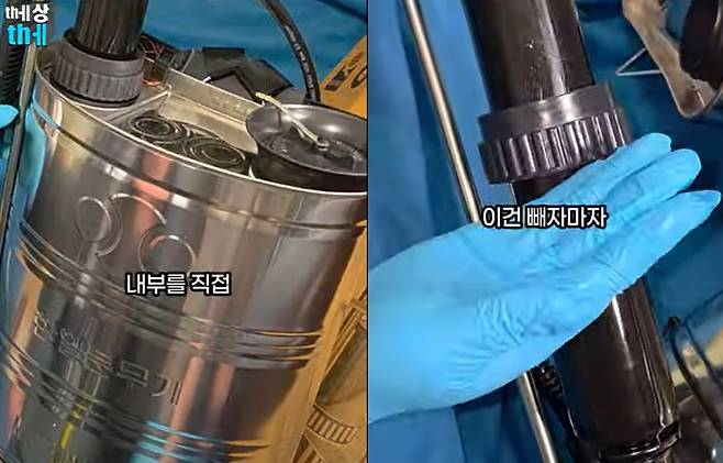 내부를 직접 세척하기 어려운 농약통의 구조(좌), 실린더를 분해한 결과 기름이 묻어나온 상황(우)[유튜브 채널 ‘세상세’ 캡처]