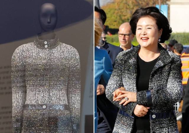 ▲문재인 전 대통령 2018년 프랑스 국빈방문 당시 김정숙 여사가 입었던 샤넬 한글 재킷이 2022년 3월 30일 영종도 인천국제공항 제1여객터미널에 전시돼 있는 모습(왼쪽 사진). 오른쪽 사진은 지난 2018년 10월 15일 김정숙 여사가 에마뉘엘 마크롱 대통령의 부인인 브리지트 마크롱 여사와 프랑스 파리 루브르 박물관으로 입장하고 있는 모습. 2025-02-07 ⓒ연합뉴스