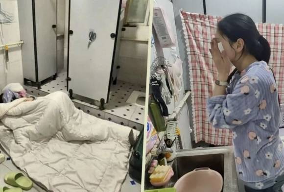 중국의 한 여성이 높은 임대료 부담을 덜기 위해 회사 사무실 화장실에서 생활하는 사연이 전해졌다. 사진은 이 여성이 화장실에서 생활하는 모습. 홍콩 사우스차이나모닝포스트(SCMP) 캡처